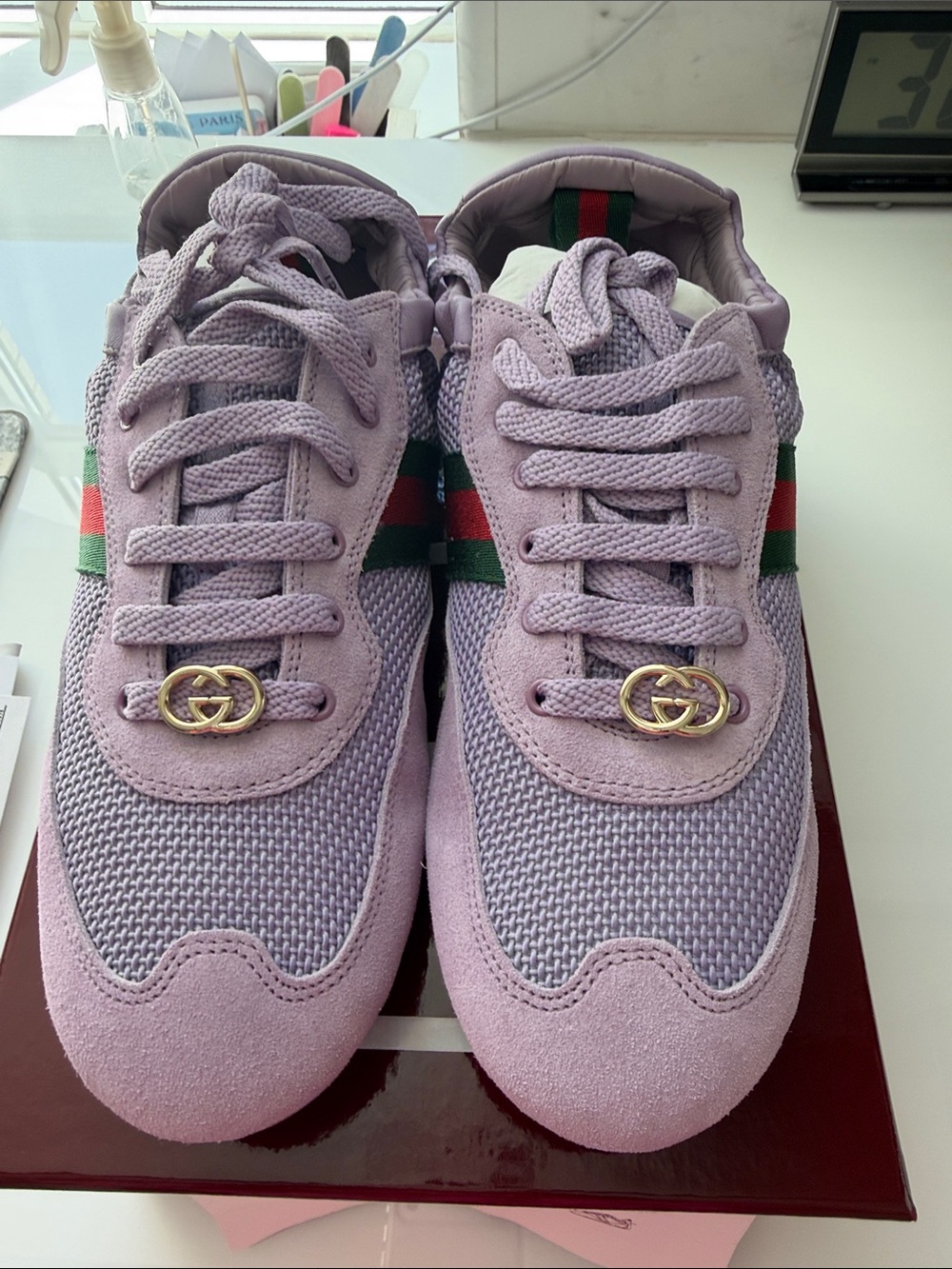 Gucci Lavender Suede & Mesh Sneakers with Signature Web and Gold Double G